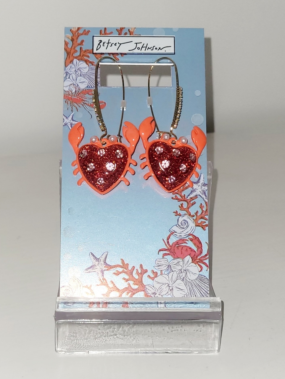Betsey Johnson Red Heart Crab Drop Earrings with Red Glitter